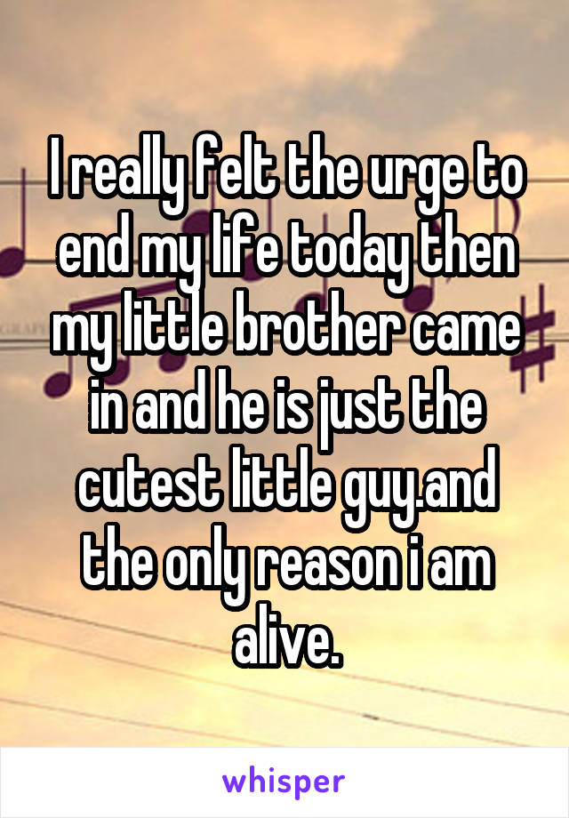 I really felt the urge to end my life today then my little brother came in and he is just the cutest little guy.and the only reason i am alive.