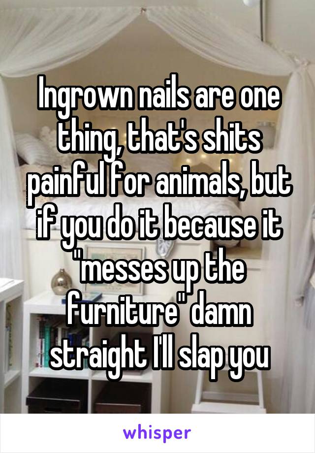 Ingrown nails are one thing, that's shits painful for animals, but if you do it because it "messes up the furniture" damn straight I'll slap you