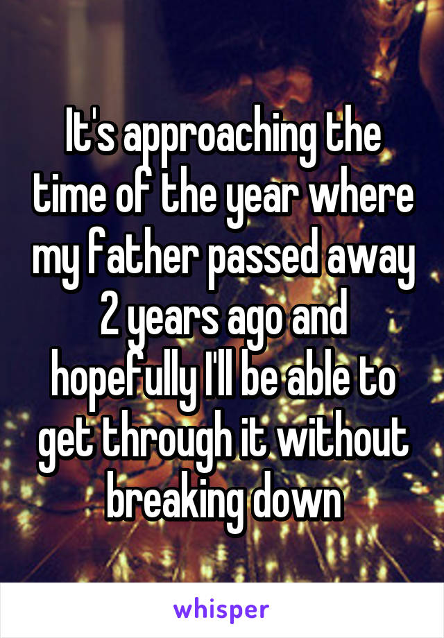 It's approaching the time of the year where my father passed away 2 years ago and hopefully I'll be able to get through it without breaking down