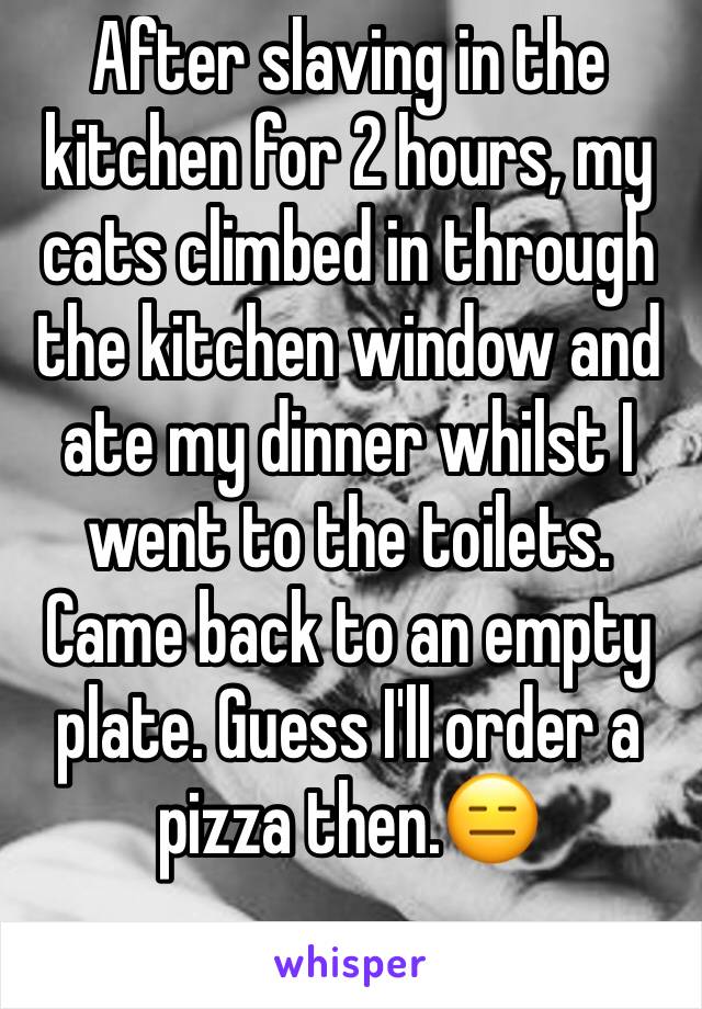 After slaving in the kitchen for 2 hours, my cats climbed in through the kitchen window and ate my dinner whilst I went to the toilets. Came back to an empty plate. Guess I'll order a pizza then.😑