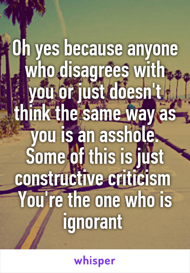 Oh yes because anyone who disagrees with you or just doesn't think the same way as you is an asshole. Some of this is just constructive criticism 
You're the one who is ignorant 