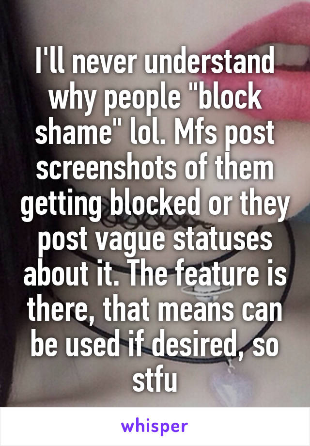 I'll never understand why people "block shame" lol. Mfs post screenshots of them getting blocked or they post vague statuses about it. The feature is there, that means can be used if desired, so stfu