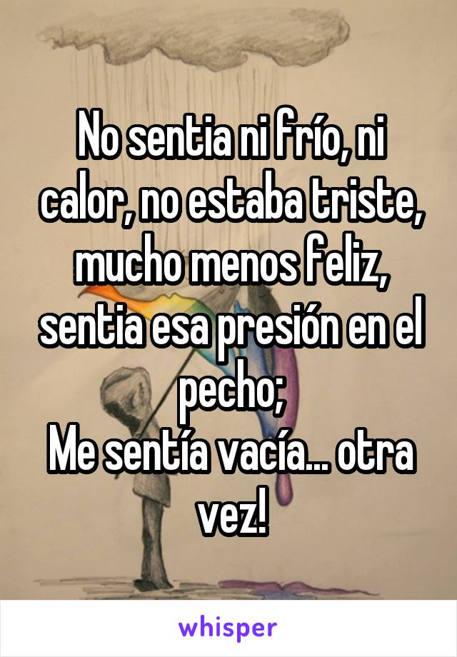 No sentia ni frío, ni calor, no estaba triste, mucho menos feliz, sentia esa presión en el pecho;
Me sentía vacía... otra vez!