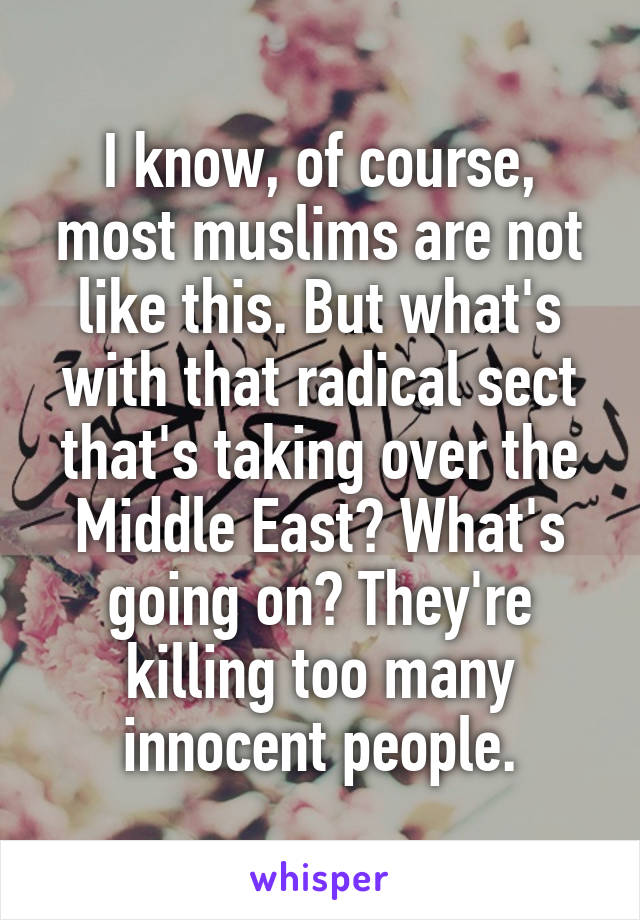 I know, of course, most muslims are not like this. But what's with that radical sect that's taking over the Middle East? What's going on? They're killing too many innocent people.