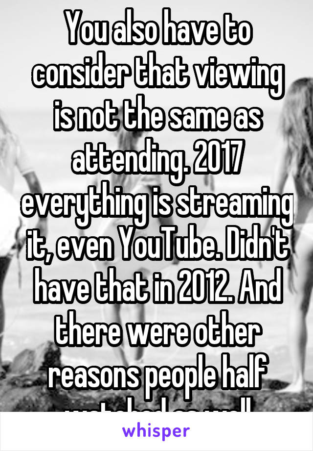 You also have to consider that viewing is not the same as attending. 2017 everything is streaming it, even YouTube. Didn't have that in 2012. And there were other reasons people half watched as well