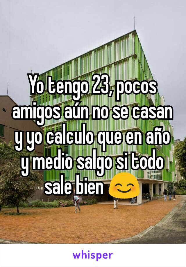 Yo tengo 23, pocos amigos aún no se casan y yo calculo que en año y medio salgo si todo sale bien 😊