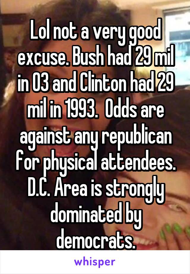 Lol not a very good excuse. Bush had 29 mil in 03 and Clinton had 29 mil in 1993.  Odds are against any republican for physical attendees. D.C. Area is strongly dominated by democrats.