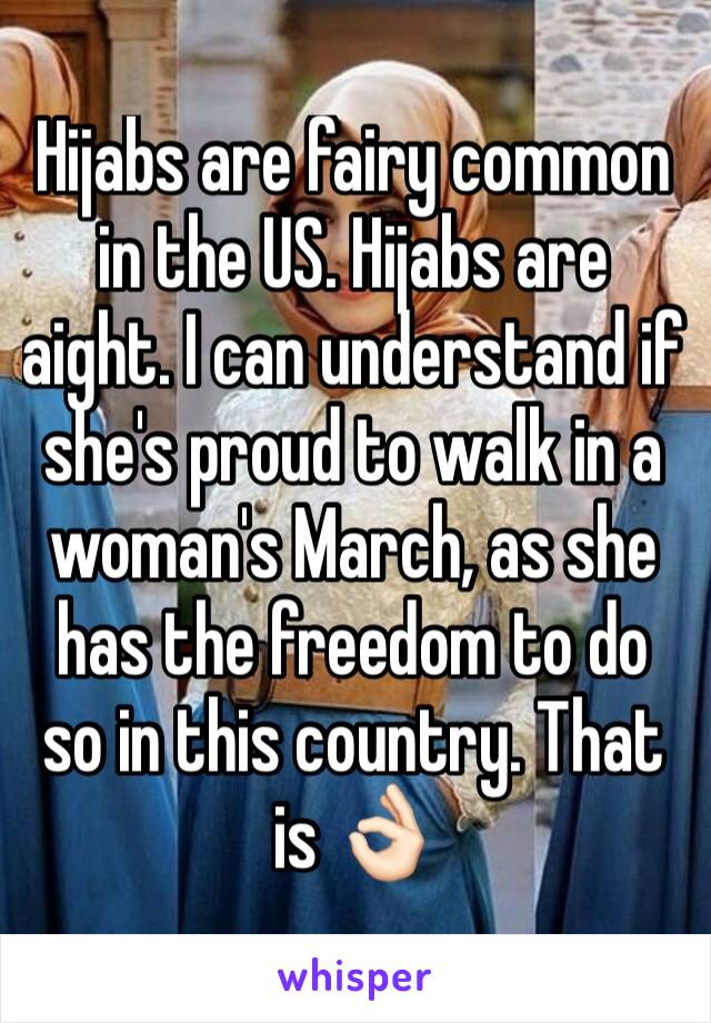 Hijabs are fairy common in the US. Hijabs are aight. I can understand if she's proud to walk in a woman's March, as she has the freedom to do so in this country. That is 👌🏻