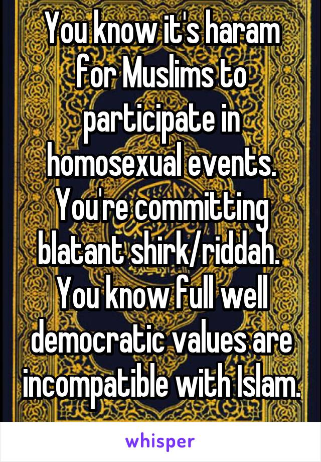 You know it's haram for Muslims to participate in homosexual events. You're committing blatant shirk/riddah.  You know full well democratic values are incompatible with Islam. 