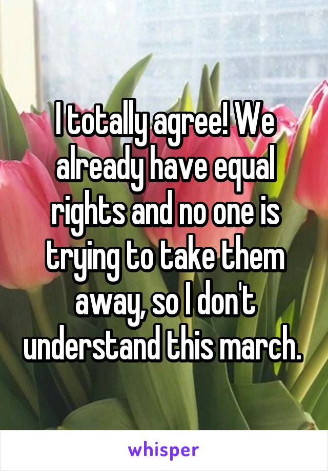 I totally agree! We already have equal rights and no one is trying to take them away, so I don't understand this march. 