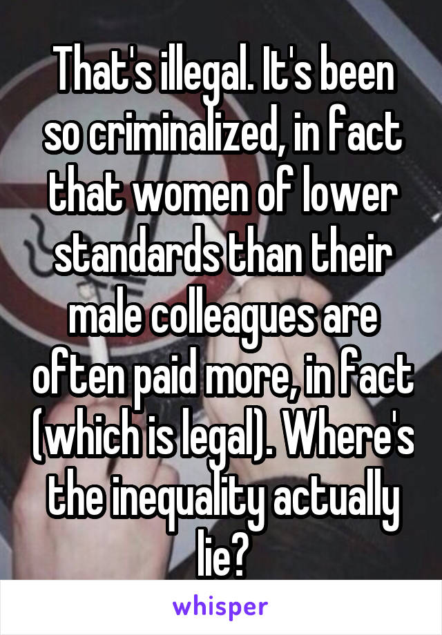 That's illegal. It's been so criminalized, in fact that women of lower standards than their male colleagues are often paid more, in fact (which is legal). Where's the inequality actually lie?