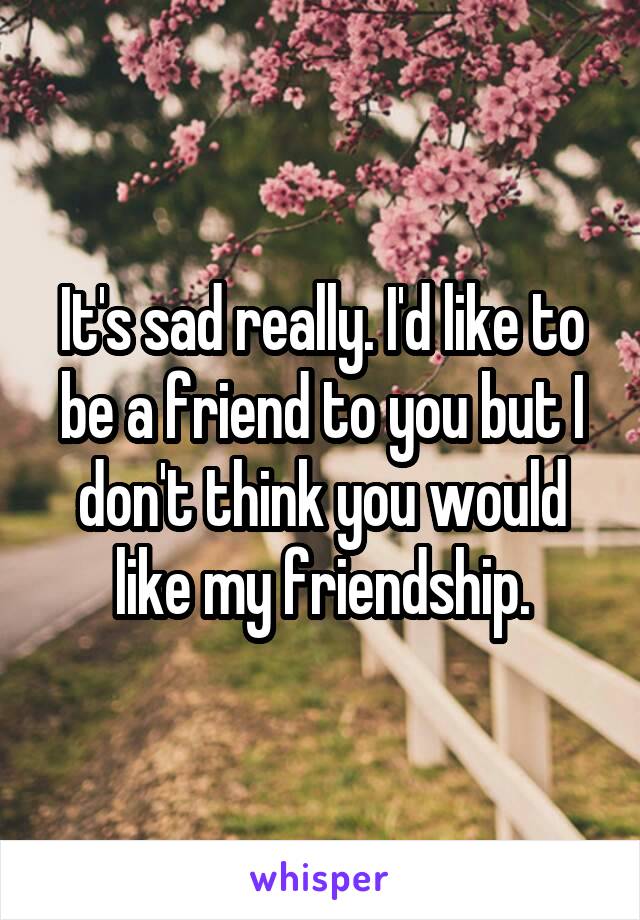 It's sad really. I'd like to be a friend to you but I don't think you would like my friendship.