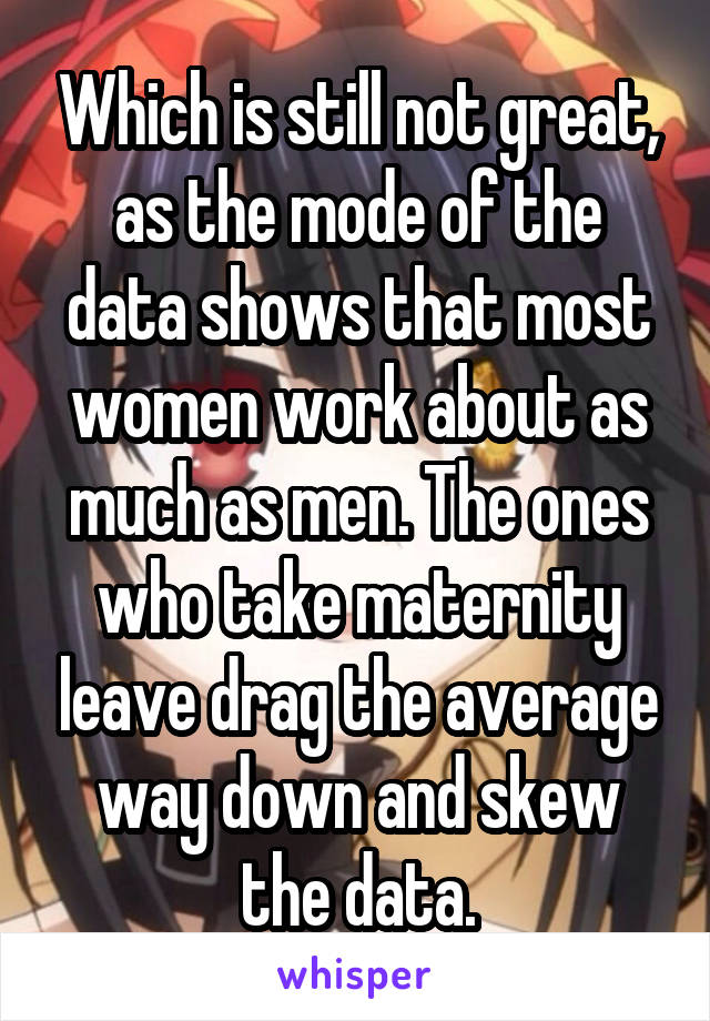 Which is still not great, as the mode of the data shows that most women work about as much as men. The ones who take maternity leave drag the average way down and skew the data.