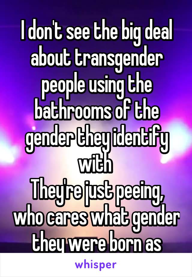 I don't see the big deal about transgender people using the bathrooms of the gender they identify with 
They're just peeing, who cares what gender they were born as