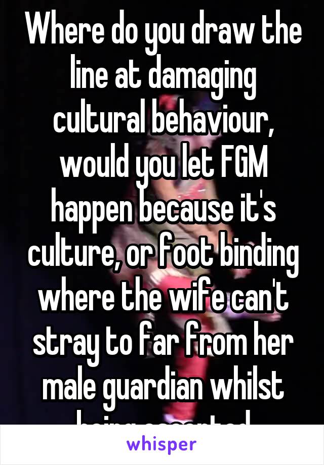 Where do you draw the line at damaging cultural behaviour, would you let FGM happen because it's culture, or foot binding where the wife can't stray to far from her male guardian whilst being escorted