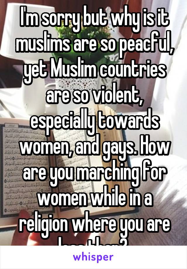 I'm sorry but why is it muslims are so peacful, yet Muslim countries are so violent, especially towards women, and gays. How are you marching for women while in a religion where you are less than? 