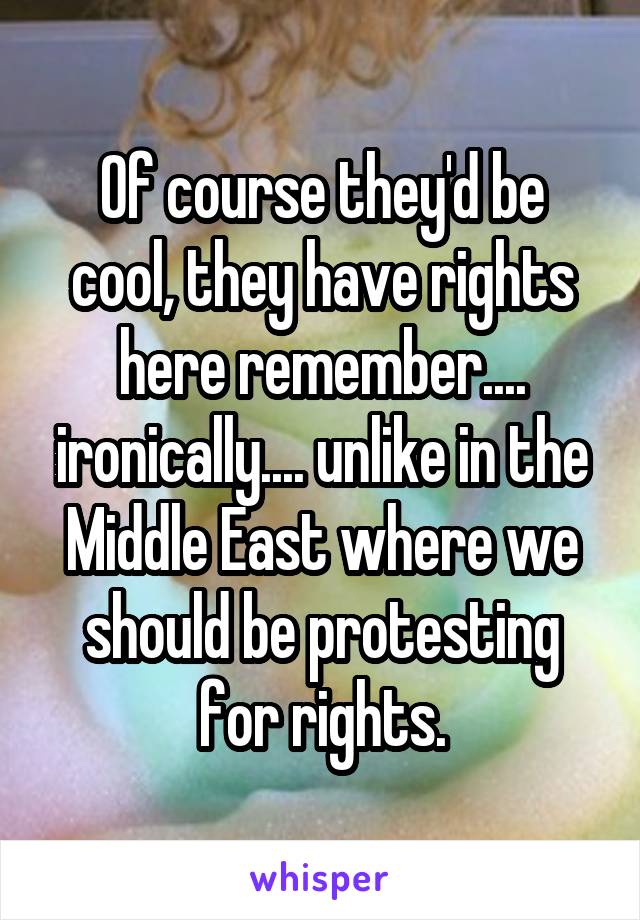 Of course they'd be cool, they have rights here remember.... ironically.... unlike in the Middle East where we should be protesting for rights.