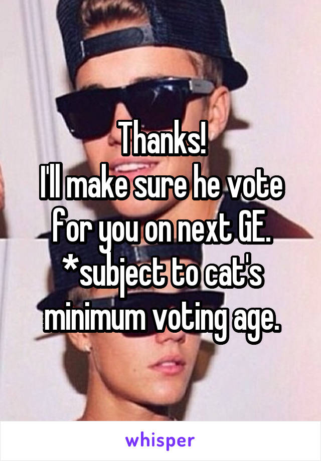 Thanks!
I'll make sure he vote for you on next GE.
*subject to cat's minimum voting age.