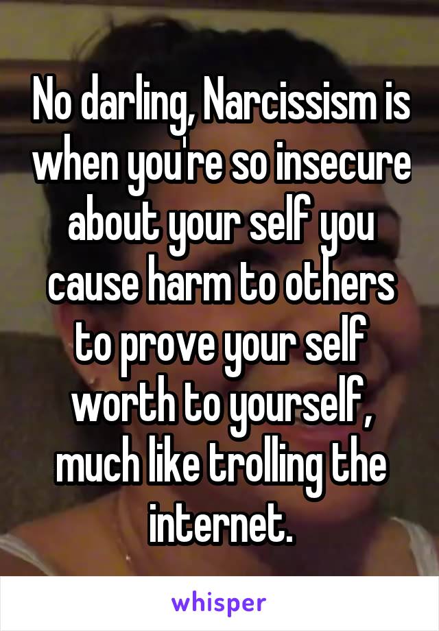 No darling, Narcissism is when you're so insecure about your self you cause harm to others to prove your self worth to yourself, much like trolling the internet.