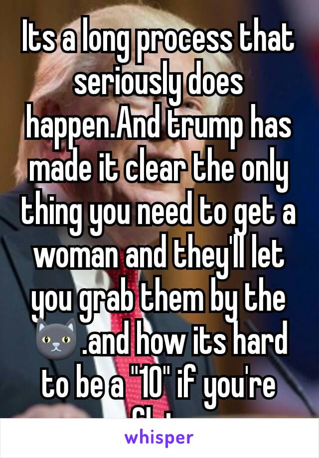 Its a long process that seriously does happen.And trump has made it clear the only thing you need to get a woman and they'll let you grab them by the 🐱.and how its hard to be a "10" if you're flat 