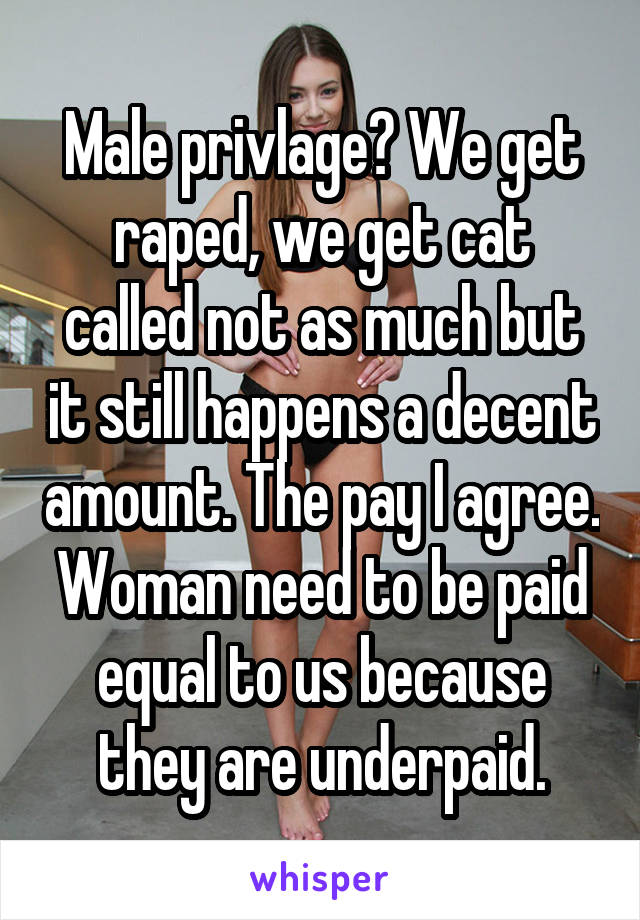 Male privlage? We get raped, we get cat called not as much but it still happens a decent amount. The pay I agree. Woman need to be paid equal to us because they are underpaid.