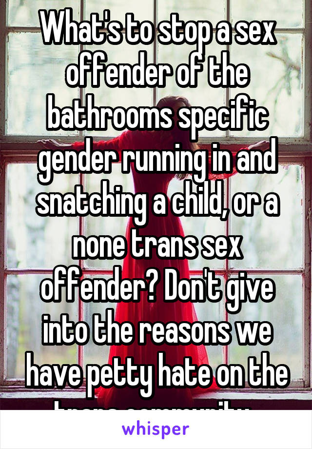 What's to stop a sex offender of the bathrooms specific gender running in and snatching a child, or a none trans sex offender? Don't give into the reasons we have petty hate on the trans community. 