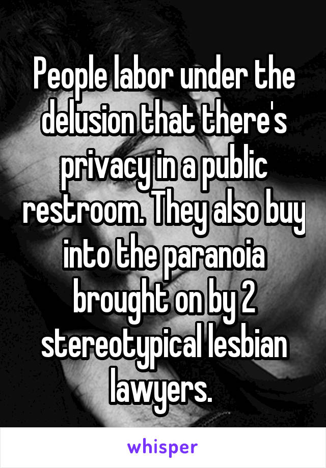 People labor under the delusion that there's privacy in a public restroom. They also buy into the paranoia brought on by 2 stereotypical lesbian lawyers. 