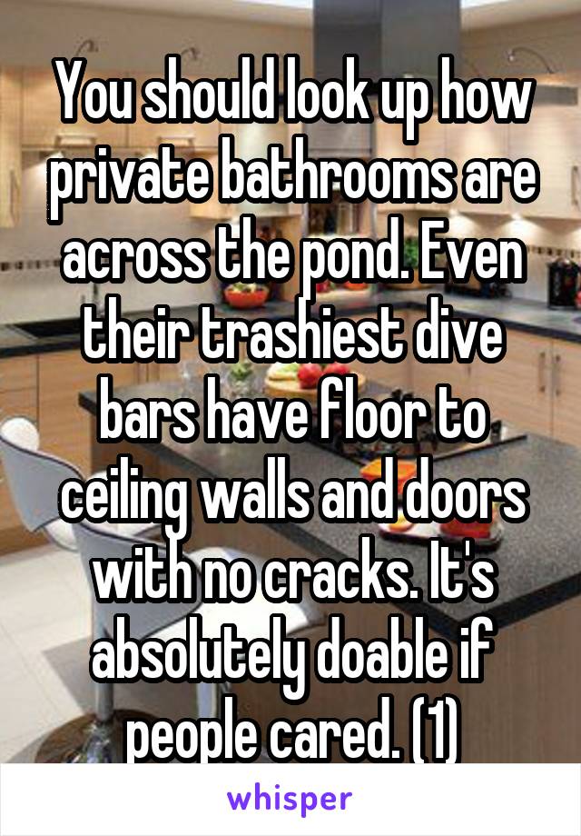 You should look up how private bathrooms are across the pond. Even their trashiest dive bars have floor to ceiling walls and doors with no cracks. It's absolutely doable if people cared. (1)