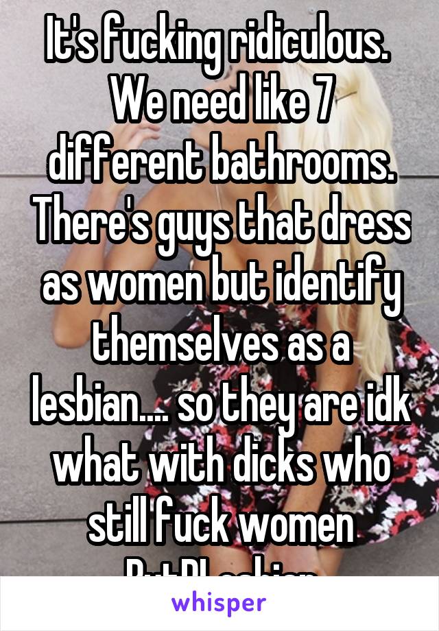 It's fucking ridiculous. 
We need like 7 different bathrooms. There's guys that dress as women but identify themselves as a lesbian.... so they are idk what with dicks who still fuck women ButRLesbian