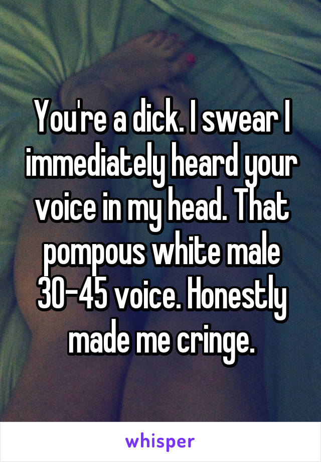 You're a dick. I swear I immediately heard your voice in my head. That pompous white male 30-45 voice. Honestly made me cringe.