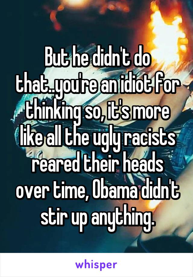 But he didn't do that..you're an idiot for thinking so, it's more like all the ugly racists reared their heads over time, Obama didn't stir up anything.