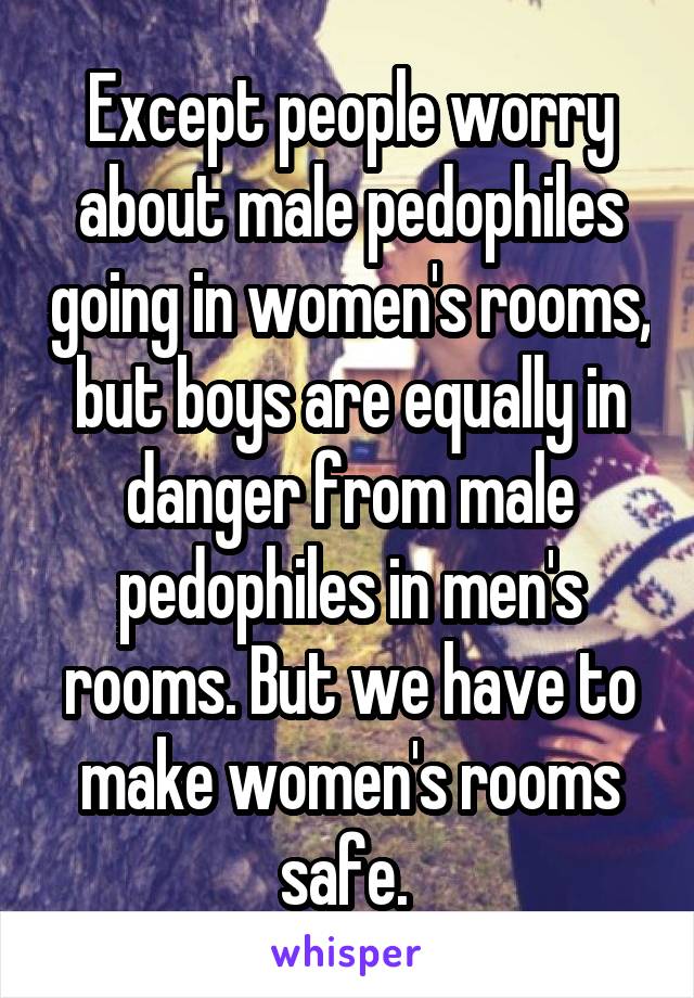Except people worry about male pedophiles going in women's rooms, but boys are equally in danger from male pedophiles in men's rooms. But we have to make women's rooms safe. 
