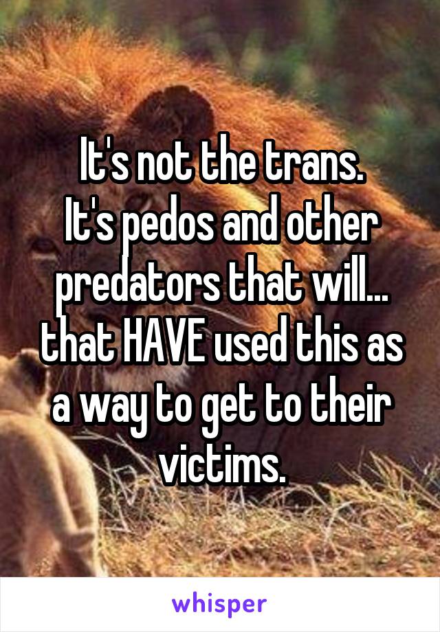 It's not the trans.
It's pedos and other predators that will... that HAVE used this as a way to get to their victims.