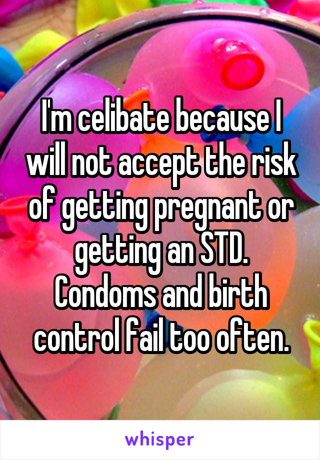 I'm celibate because I will not accept the risk of getting pregnant or getting an STD. Condoms and birth control fail too often.