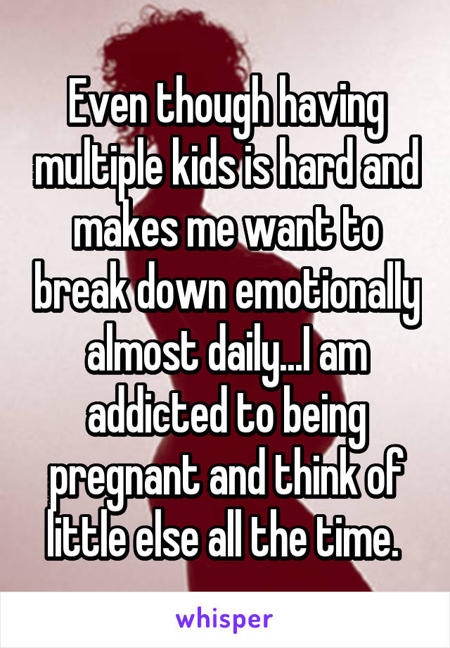 Even though having multiple kids is hard and makes me want to break down emotionally almost daily...I am addicted to being pregnant and think of little else all the time. 