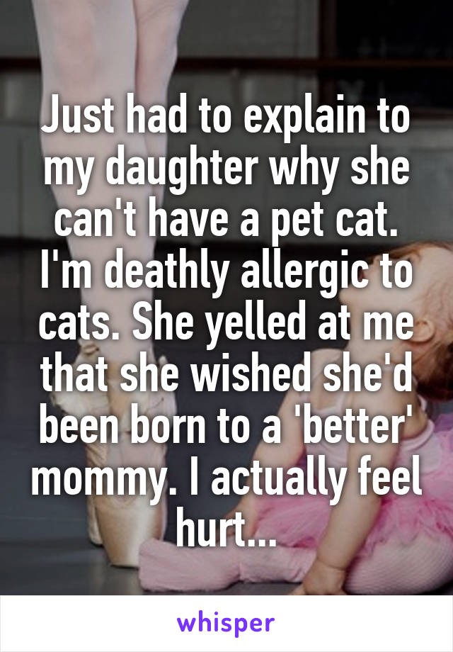 Just had to explain to my daughter why she can't have a pet cat. I'm deathly allergic to cats. She yelled at me that she wished she'd been born to a 'better' mommy. I actually feel hurt...