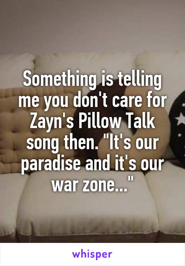 Something is telling me you don't care for Zayn's Pillow Talk song then. "It's our paradise and it's our war zone..."