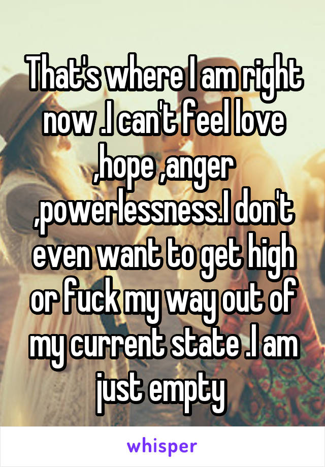 That's where I am right now .I can't feel love ,hope ,anger ,powerlessness.I don't even want to get high or fuck my way out of my current state .I am just empty 