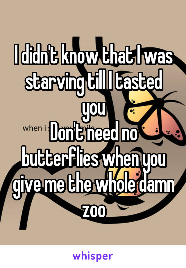 I didn't know that I was starving till I tasted you
Don't need no butterflies when you give me the whole damn zoo