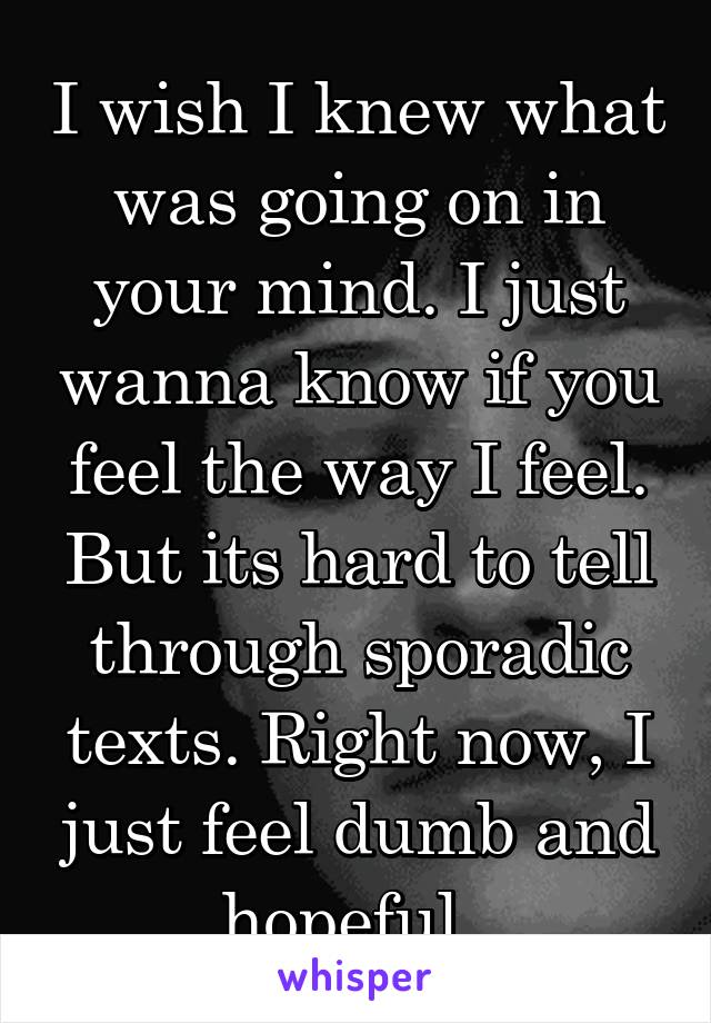 I wish I knew what was going on in your mind. I just wanna know if you feel the way I feel. But its hard to tell through sporadic texts. Right now, I just feel dumb and hopeful. 