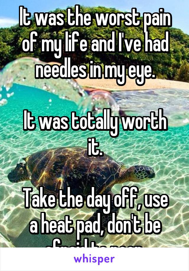 It was the worst pain of my life and I've had needles in my eye.

It was totally worth it.

Take the day off, use a heat pad, don't be afraid to poop.