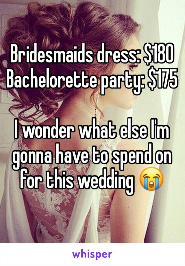 Bridesmaids dress: $180
Bachelorette party: $175

I wonder what else I'm gonna have to spend on for this wedding 😭