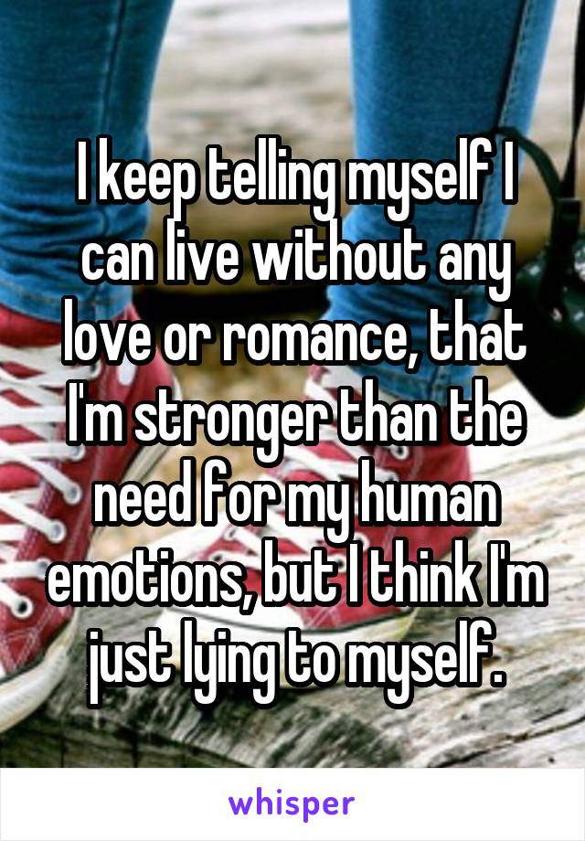 I keep telling myself I can live without any love or romance, that I'm stronger than the need for my human emotions, but I think I'm just lying to myself.