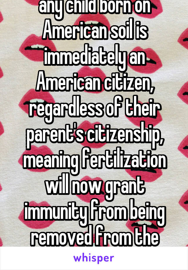 any child born on American soil is immediately an American citizen, regardless of their parent's citizenship, meaning fertilization will now grant immunity from being removed from the country