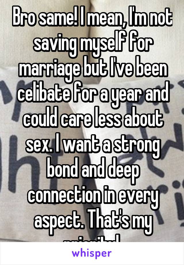 Bro same! I mean, I'm not saving myself for marriage but I've been celibate for a year and could care less about sex. I want a strong bond and deep connection in every aspect. That's my priority! 