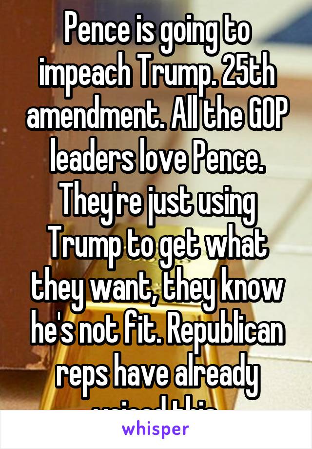 Pence is going to impeach Trump. 25th amendment. All the GOP leaders love Pence. They're just using Trump to get what they want, they know he's not fit. Republican reps have already voiced this.
