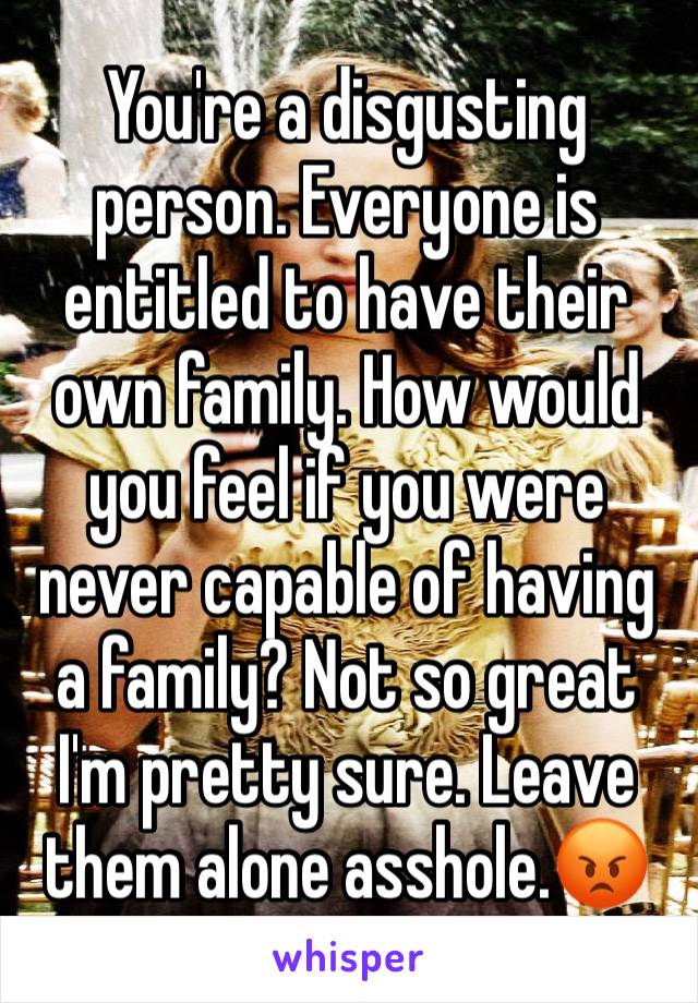 You're a disgusting person. Everyone is entitled to have their own family. How would you feel if you were never capable of having a family? Not so great I'm pretty sure. Leave them alone asshole.😡