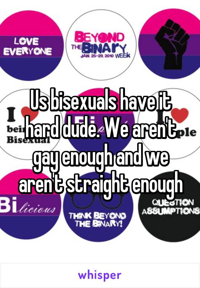 Us bisexuals have it hard dude. We aren't gay enough and we aren't straight enough