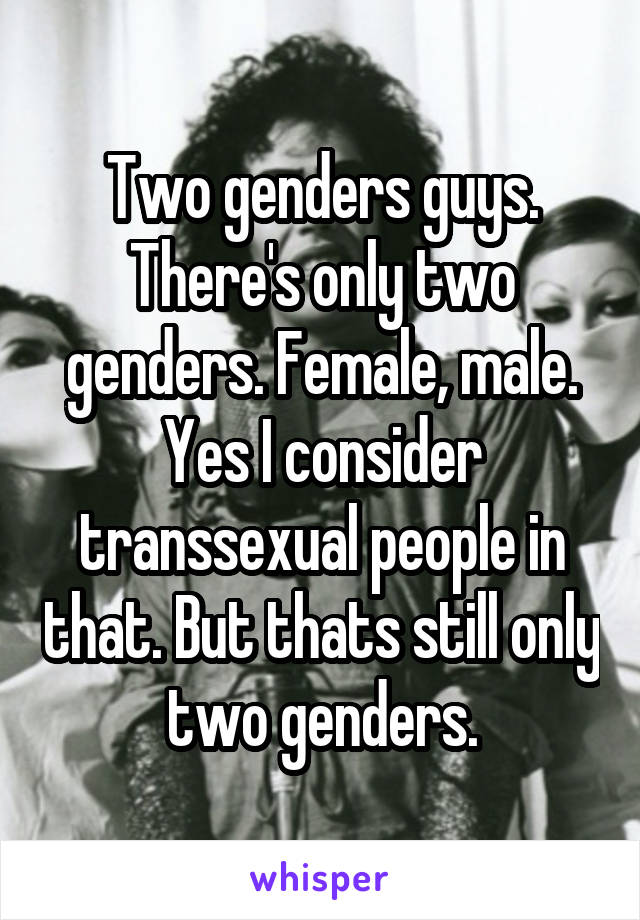 Two genders guys. There's only two genders. Female, male. Yes I consider transsexual people in that. But thats still only two genders.