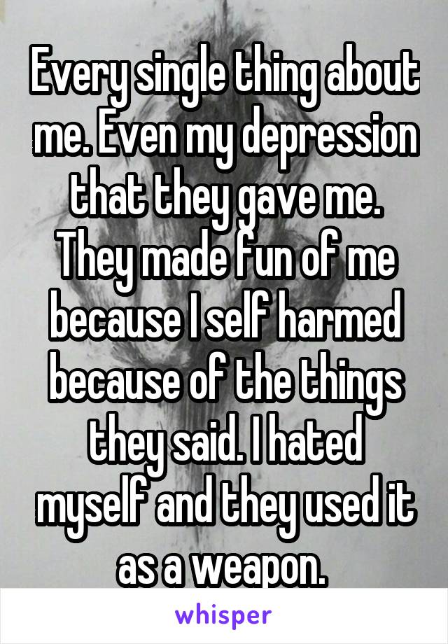 Every single thing about me. Even my depression that they gave me. They made fun of me because I self harmed because of the things they said. I hated myself and they used it as a weapon. 